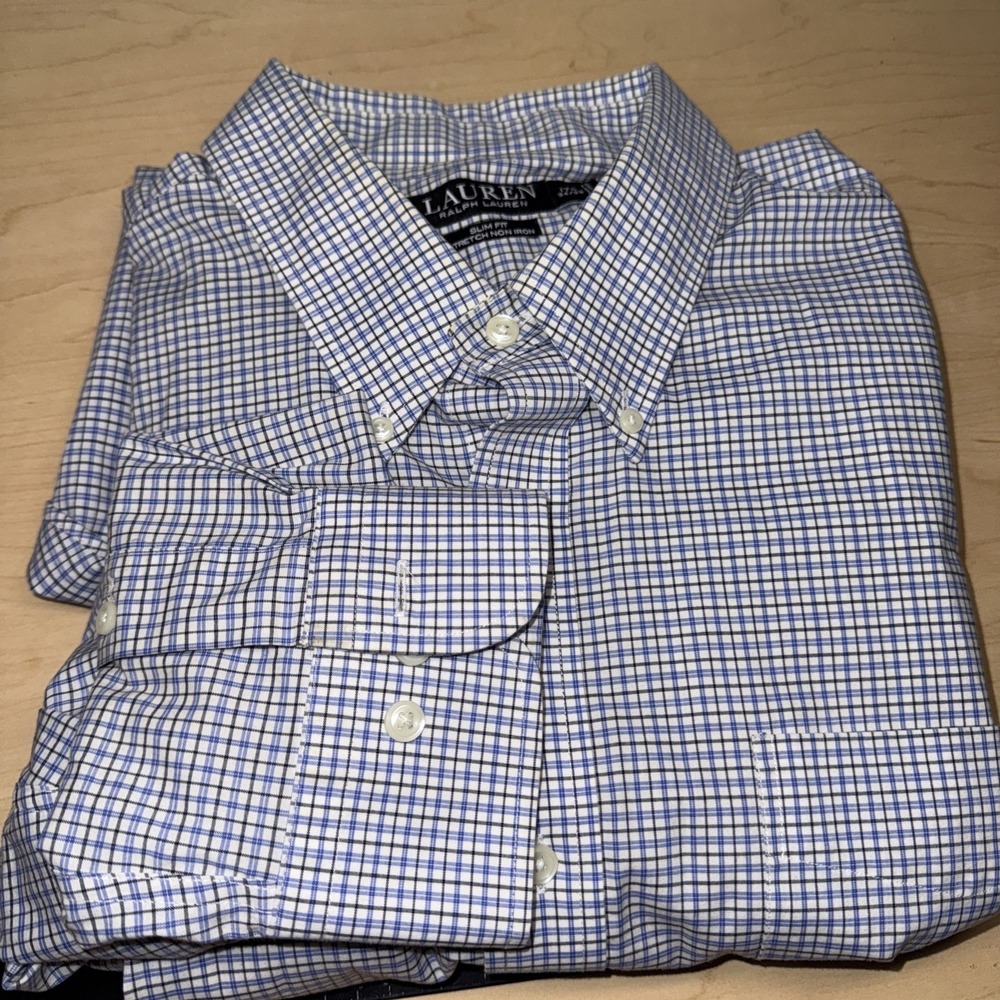 Ralph Lauren Shirt Men's Long Sleeve Slim Fit Plaid Blue Size 17 1/2 34/35